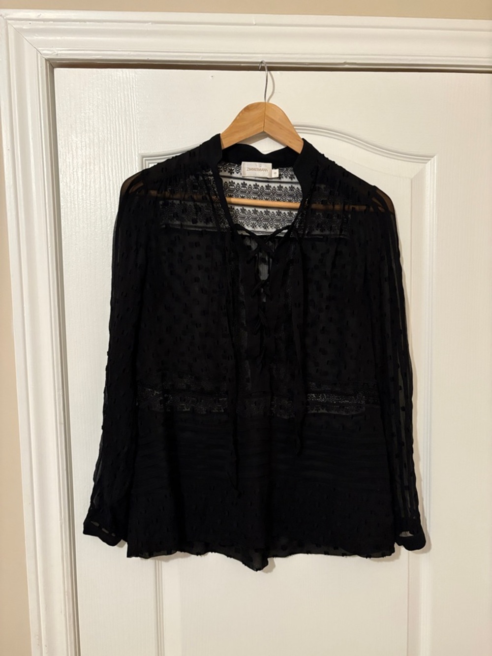 Zimmermann Black Sheer Lace-Detail Tie-Neck Blouse